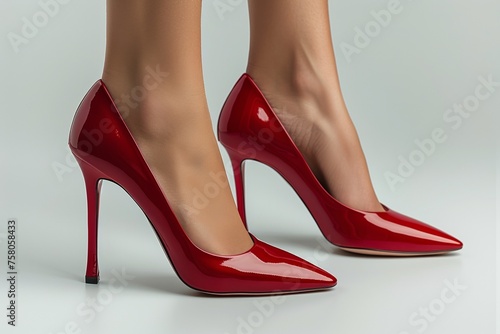 A fashionable woman in pair of sleek red stiletto heels, embodying beauty and sensuality.