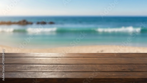 Empty wooden table with beautiful Beach background, Islands , photorealistic