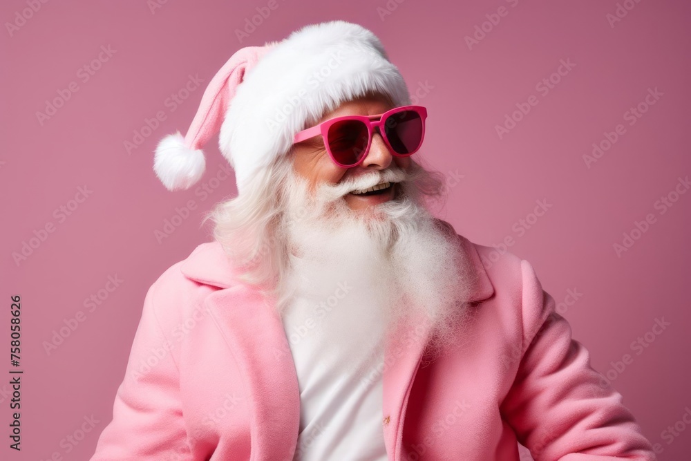 Happy smiling trendy Santa Claus in pink clothes on a pink background