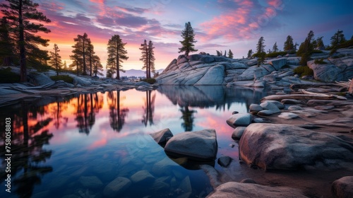 Tranquil mountain scene, colorful sunset sky reflected in calm lake, capturing vibrant evening hues