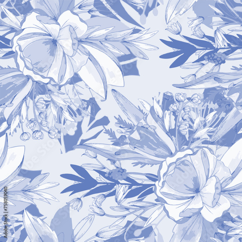 Fototapeta Naklejka Na Ścianę i Meble -  Pattern flower floral spring blossom illustration vector fabric textile design leaf leaves