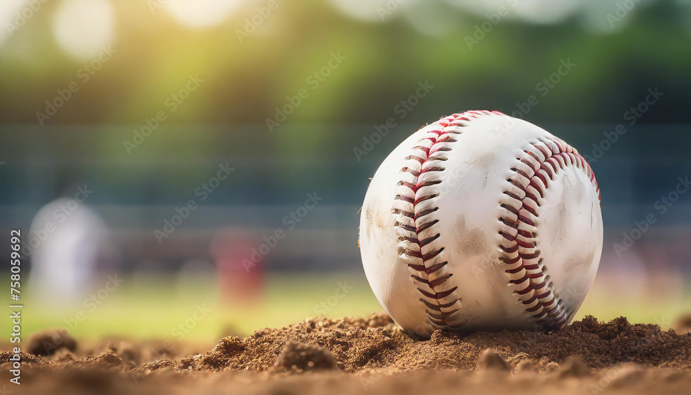 Leather baseball lying on the ground on a baseball field. Professional active sport.