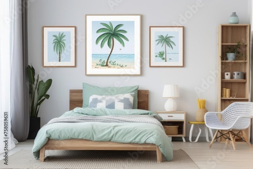 Kids room decorated in tropical and coastal style with blue and green shades of color © DK_2020