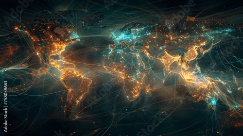 A world trade map highlighted with interconnected global business photo