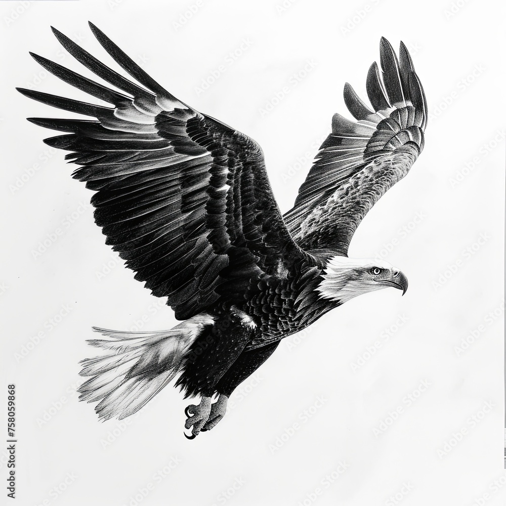 Fototapeta premium Bald Eagle in Flight Pencil Sketch Isolated on White Background.