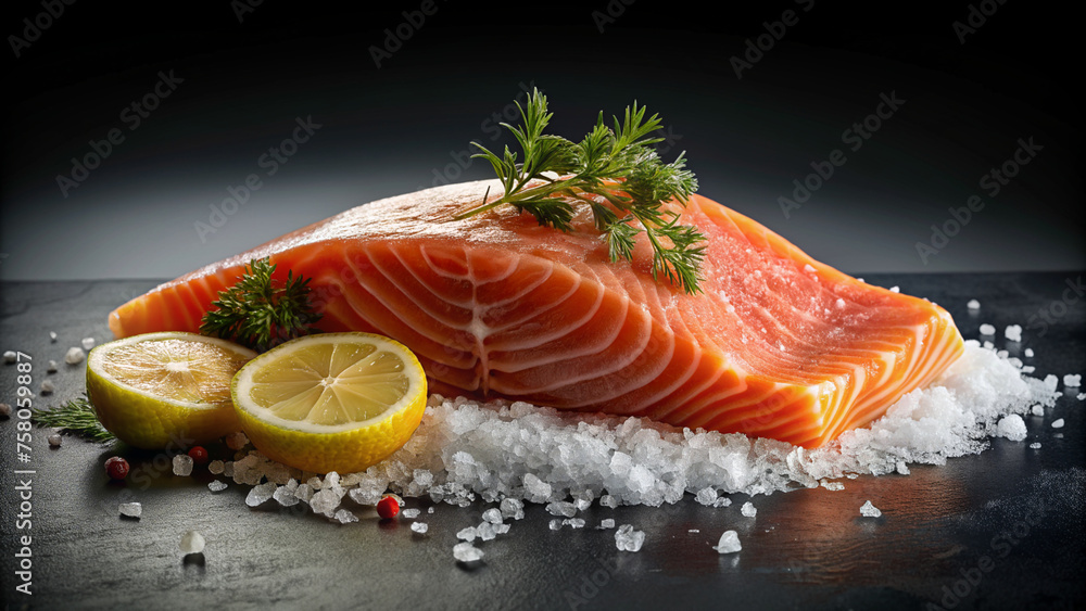 Salmon Fillet with Herbs, Lemon, and Peppercorns on Slate
