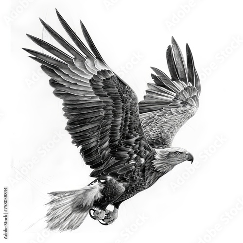 Bald Eagle in Flight Pencil Sketch Isolated on White Background.