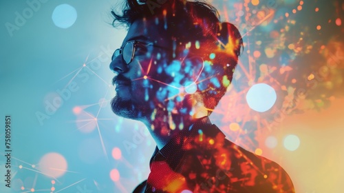 Double exposure silhouette of a businessman overlaid with futuristic digital data and graphs symbolizing business analysis and strategy.