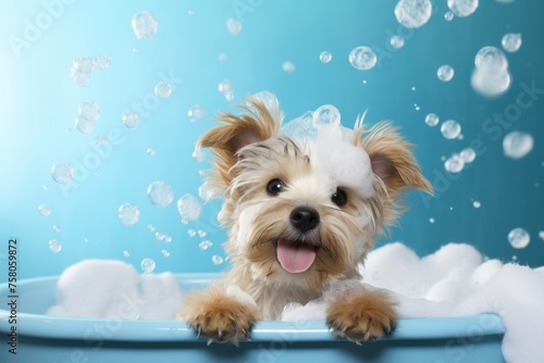 Funny dog with soapy white foam on his head sits in the bathtub, taking care of his pet, grooming and washing him