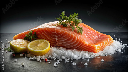 Salmon Fillet with Herbs, Lemon, and Peppercorns on Slate 