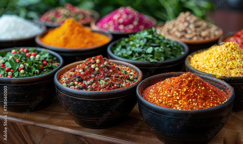 Close up on exotic spices and herbs showcasing their vibrant colors