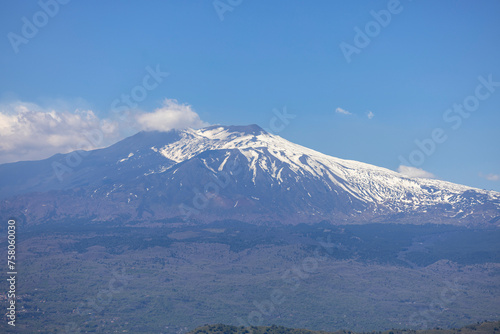 View of Mount Etna volcano from path of Saracens in mountains between Taormina and Castelmola, Sicily  Italy © mychadre77