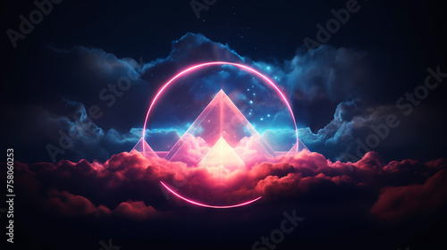 Mysterious geometric shapes with neon effects and magical clouds © Derby