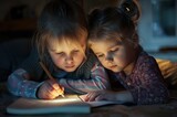 A stunning high-resolution photo of a serious, beautiful 10-year-old girl helping her little brother, a first-grader, with his homework at home. Family concept.