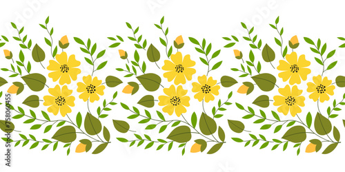 Border of yellow flowers and green leaves. Delicate spring bouquet. Floral linear ornament. Plant composition. Summer design of flower garlands. Place for your text. Printable home decor.