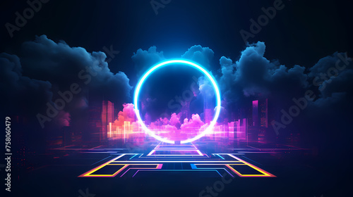 Mysterious geometric shapes with neon effects and magical clouds