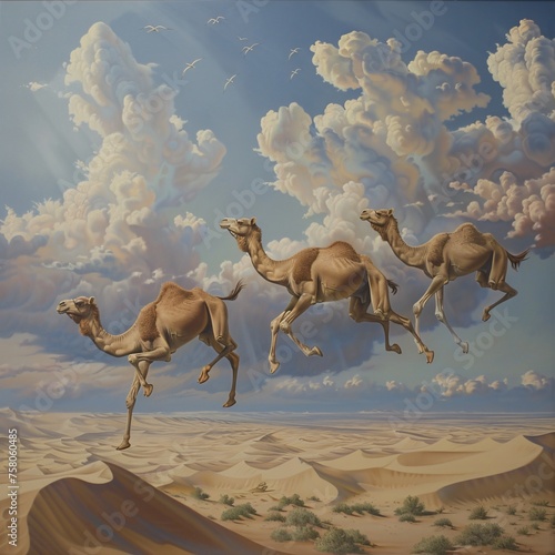 Desert landscape alive with camels, not trudging along the sand, but soaring gracefully above dunes. © Sara_P