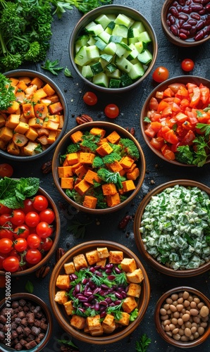 Vegetarian dishes close up to emphasize the variety and color