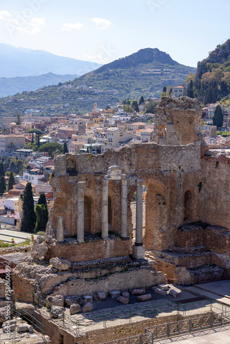 Ancient theatre of Taormina, ruins of ancient Greek theatre, Taormina, Sicily, Italy