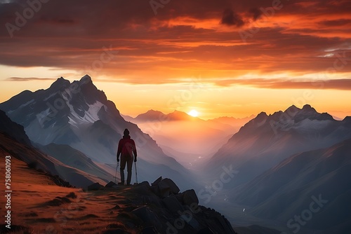 Hiker man standing on the top of a mountain and looking at the sunset. Man on top of the mountain