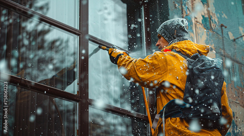 the man cleans the windows photo