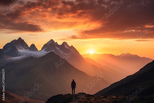 Hiker man standing on the top of a mountain and looking at the sunset. Man on top of the mountain