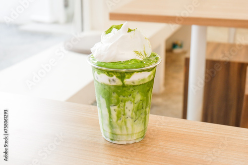 Canvas Print Matcha with cream latte on top at cafe in seoul korea,popular menu in seoul korea and japan,Matcha green tea,Space for text