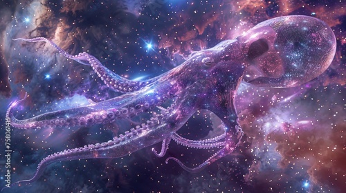 Giant squid embarks on a cosmic swim through a nebula, tentacles trailing starlight across the void.