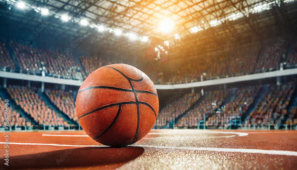 Basketball ball lying on floor on sport arena. Blurred stadium. Sport playground. Basketball ball lying on floor on sport arena. Blurred stadium. Sport playground.