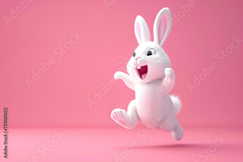 3d render of a cute white rabbit jumping on pink background