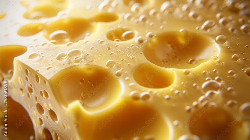 Close-up of Swiss cheese with vibrant yellow hues and water droplets Close-up of Swiss cheese with vibrant yellow hues and water droplets