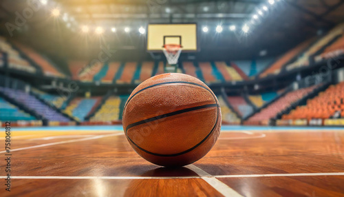 Basketball ball lying on floor on sport arena. Blurred stadium. Sport playground. © hardvicore