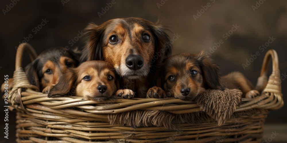 In a lovely family portrait, a cute brown puppy and its mother enjoy playful moments in a wicker basket.