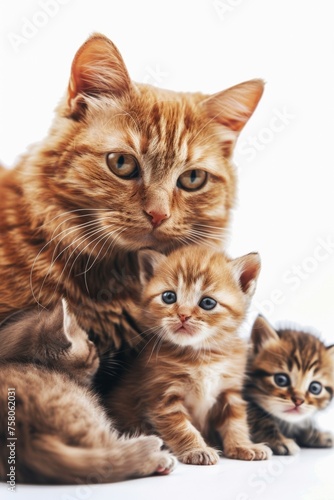 A charming family of lovely cats, including a cute little kitten, in an outdoor portrait.