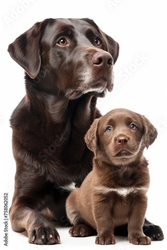 In a studio portrait, a gorgeous chocolate Labrador puppy and adult showcase the adorable transition.