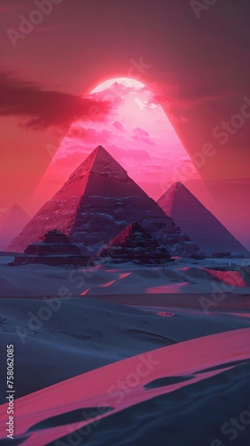 In the quiet of the desert, ancient pyramids stand as sentinels, shrouded in a mystical pink fog that dances across the sands, bridging worlds.