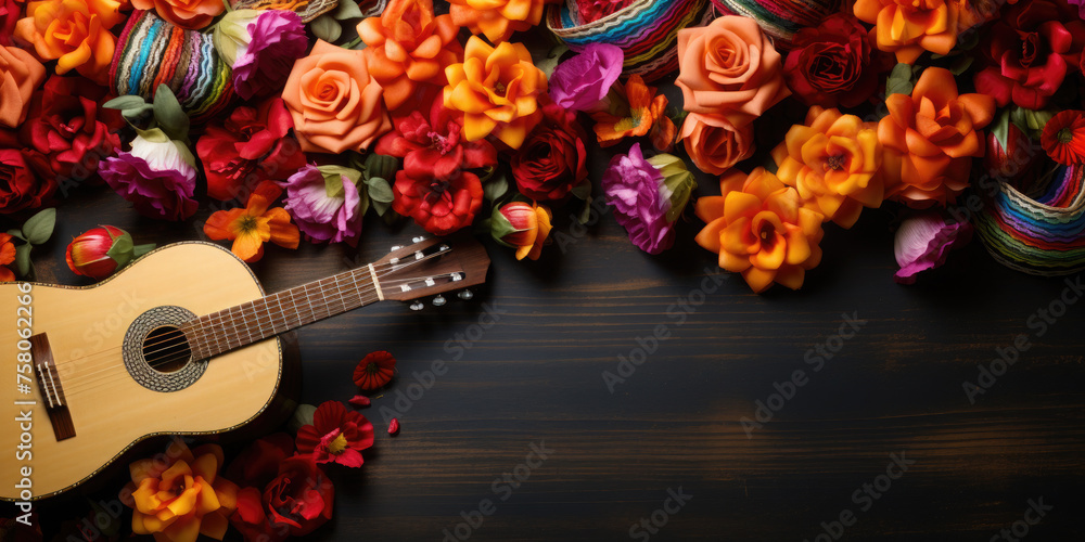 Mexican Cinco de Mayo holiday background with guitar, flowers, multi-colored striped scarf on a wooden background. Banner, flyer, template, poster with empty space for text. Flat lay
