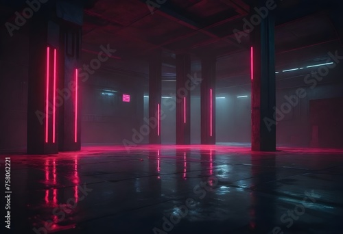An industrial interior with large columns  red lighting  and a reflective floor