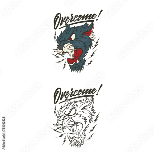Elegance, Simple, Vintage, Youthful, Masculine, Motivational Overcome Text Jaguar Roaring With Black And White Version, Tattoo, T-shirt Clothing And Apparel On White Background
