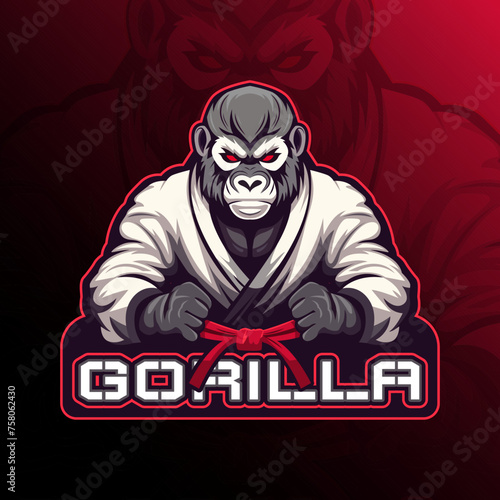 Gorilla karate or kung fu mascot logo design vector for badge, emblem, Esport and t-shirt printing