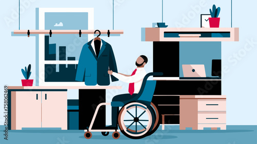 disabled businessman hanging his coat in an office