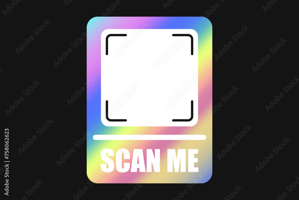 Neon multicolored vector QR code frame, scan me phone tag template. Qr code mockup, Y2K holographic rainbow smartphone identifier icon with barcode on dark background.
