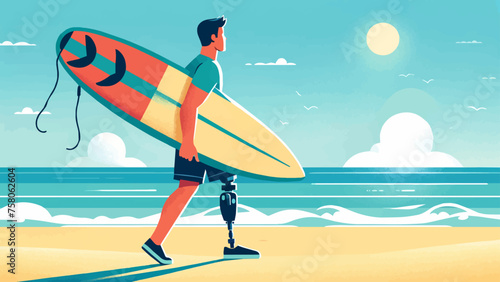 handicapped surfer with a prosthetic leg, carrying a surfboard