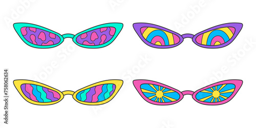 Set of elegant sunglasses in a groovy hippie style isolated on a white background. Vintage retro colors, sun print, rainbow stripes and lava lamp on glass. Psychedelic vector neon doodle stickers, 70s