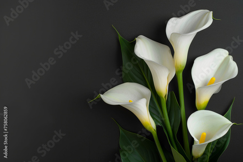 Calla ilies with candle on black background. Copy Space. Generative AI.