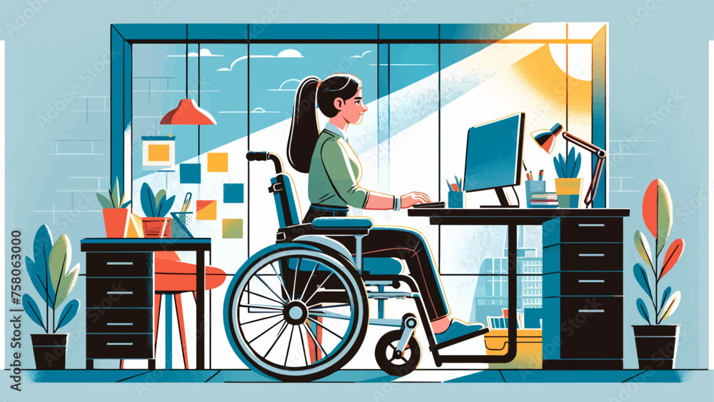 woman with muscular dystrophy working in an office setting woman with muscular dystrophy working in an office setting