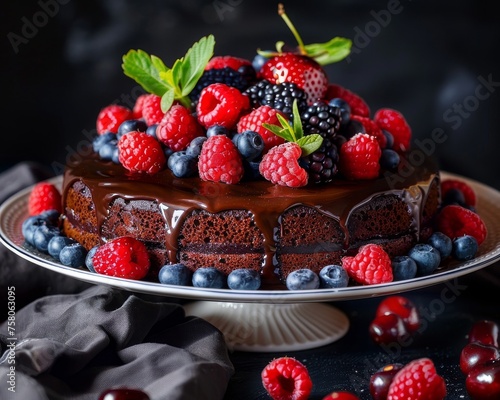 A dessert platter featuring a decadent chocolate cake with a shiny glaze and berries on top The background is dark focusing the attention on the cakes rich textures and vibrant fruit colors