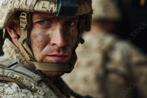 Closeup portrait of a gritty soldier with a gun in hand, showing determination and readiness for battle