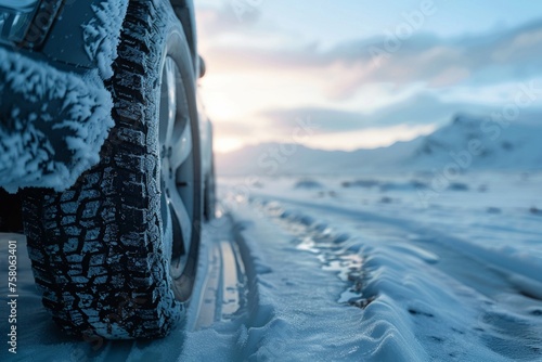 Adventure awaits with snow-clad tires a car paused in a tranquil © Virtual Art Studio