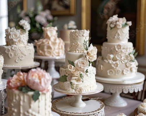 Delicate and intricately decorated wedding cakes on display